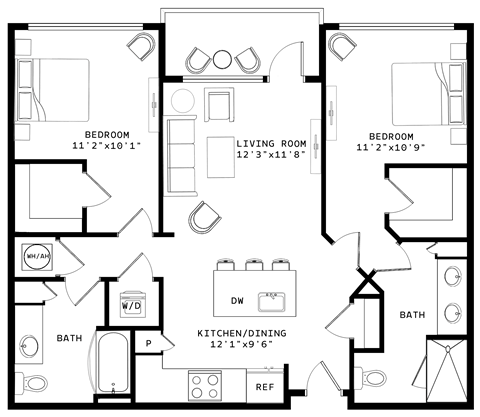 Floor plan for 2 beds, 2 baths, 1033 sqft